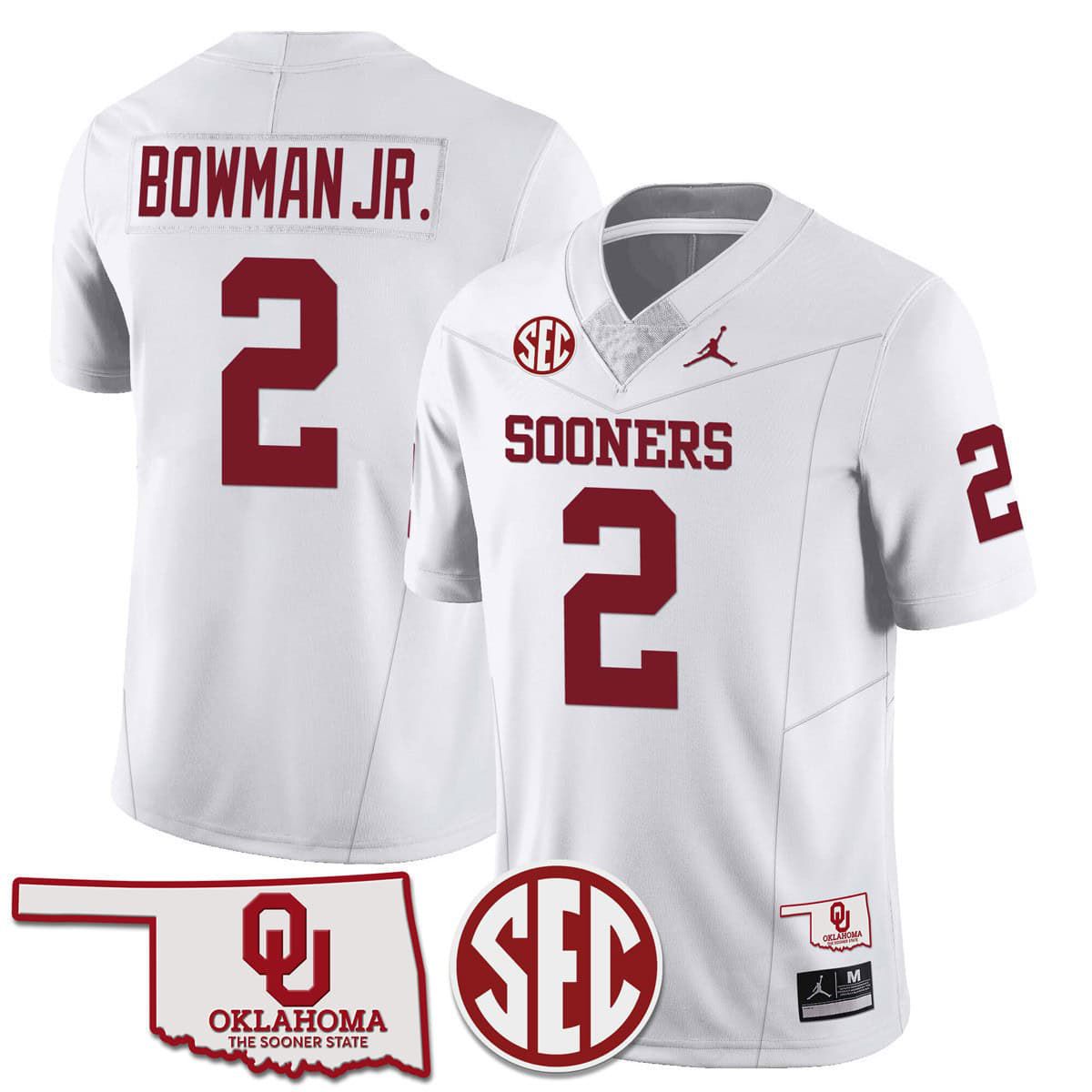 Men Oklahoma Sooners #2 Bowman jr White 2024 SEC Patch Vapor Premier Limited NCAA Jersey